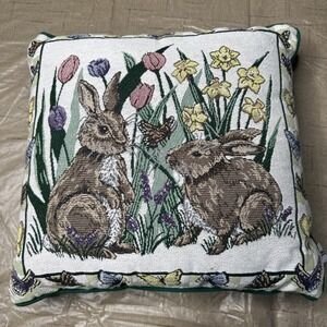 Riverdale Tapestry Square Throw Pillow 15"x15" Rabbit Spring Flowers Butterfly
